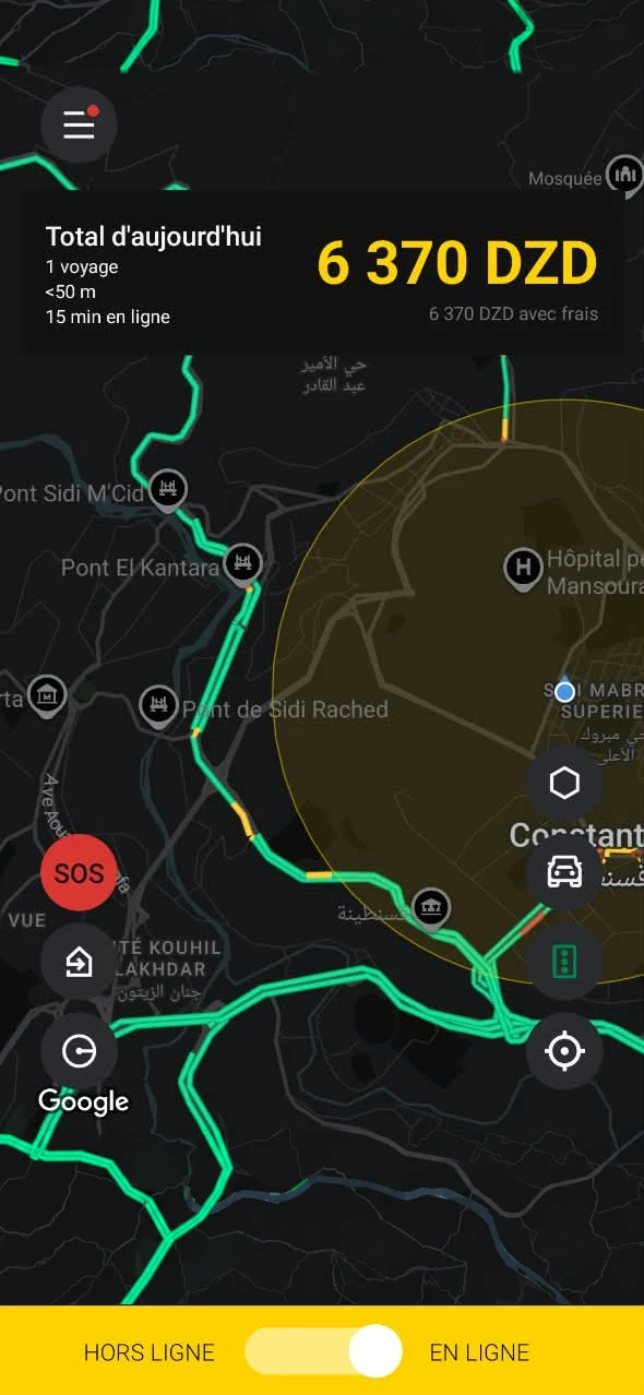 L’application iTAXI PRO : l’écran d’accueil du chauffeur, avec ses gains du jour et le bouton pour passer en ligne