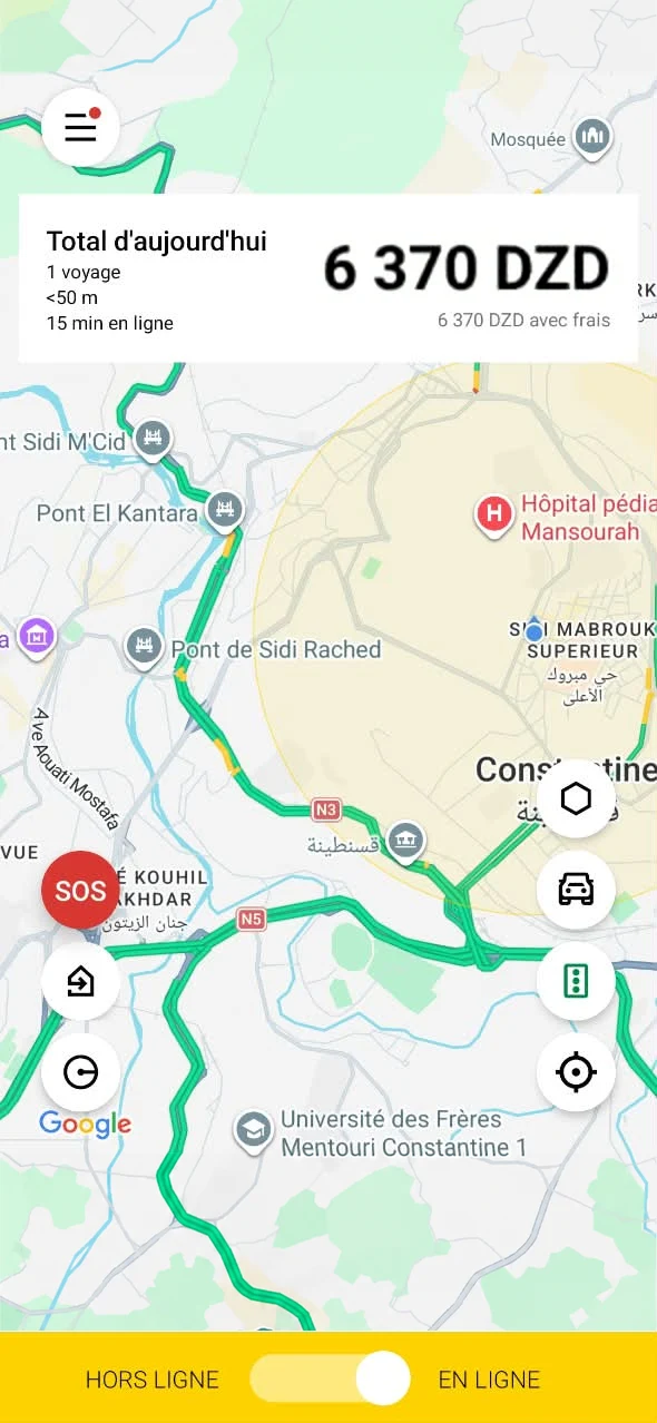 L’application iTAXI PRO : l’écran d’accueil du chauffeur, avec ses gains du jour et le bouton pour passer en ligne